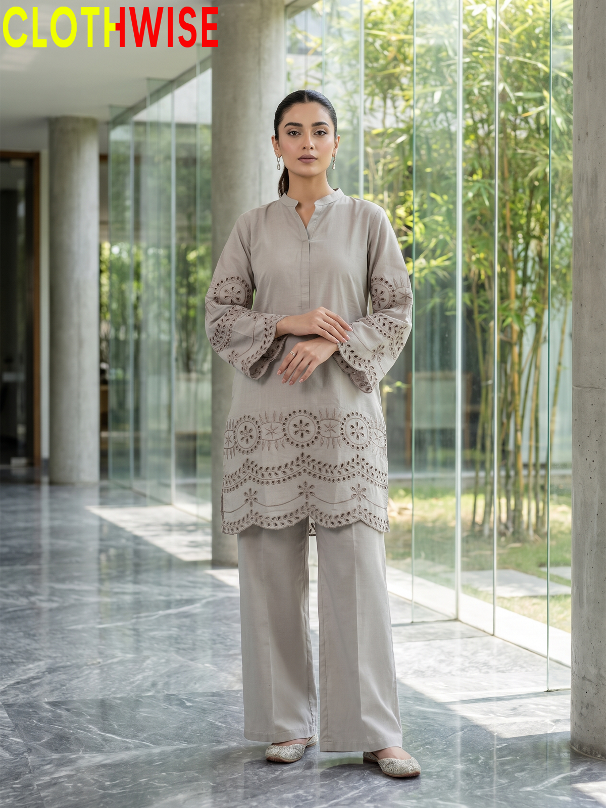 CottonCut Schiffli Embroidered Cotton 2-Piece Suit | Eyelet Kurta with Flapper