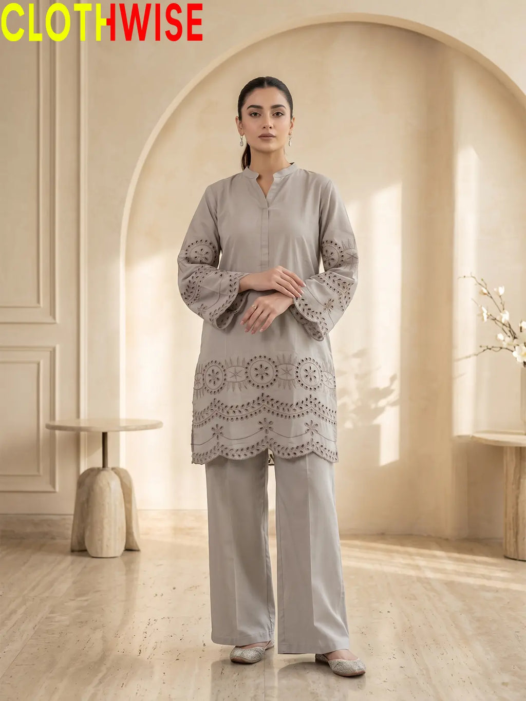 CottonCut Schiffli Embroidered Cotton 2-Piece Suit | Eyelet Kurta with Flapper