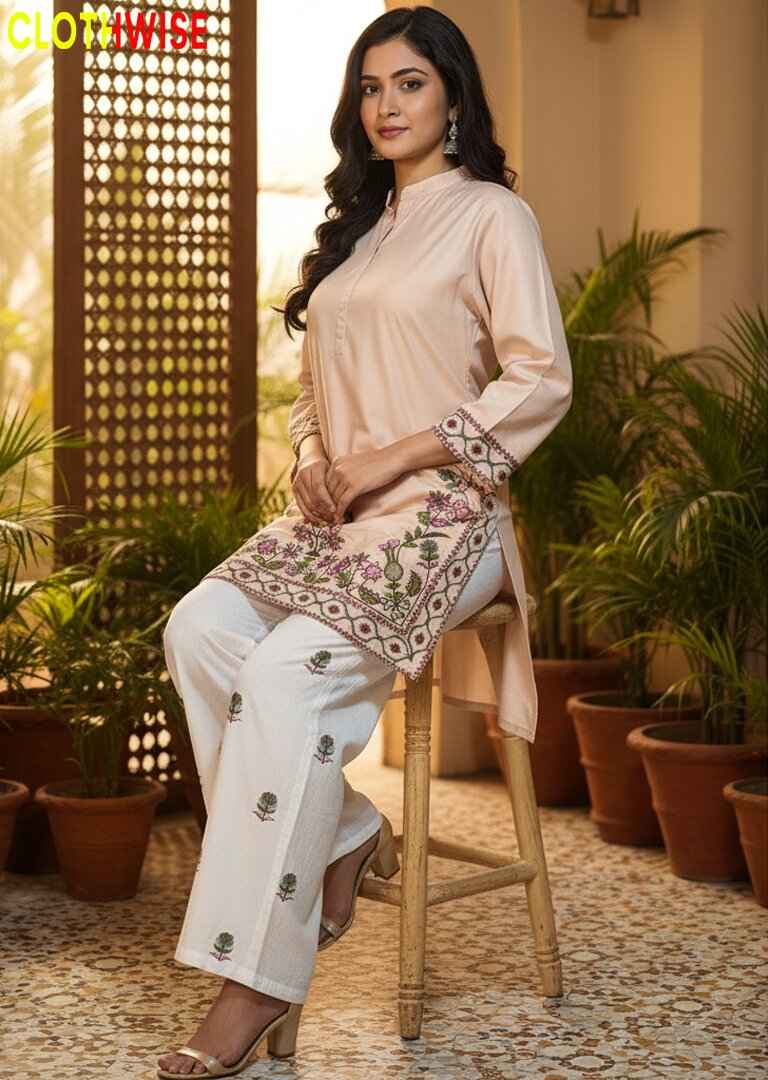 Shajar - Tan Tree Motif Embroidered Cotton 2PC Co-ord Set