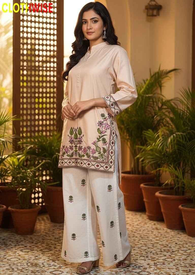 Shajar - Tan Tree Motif Embroidered Cotton 2PC Co-ord Set
