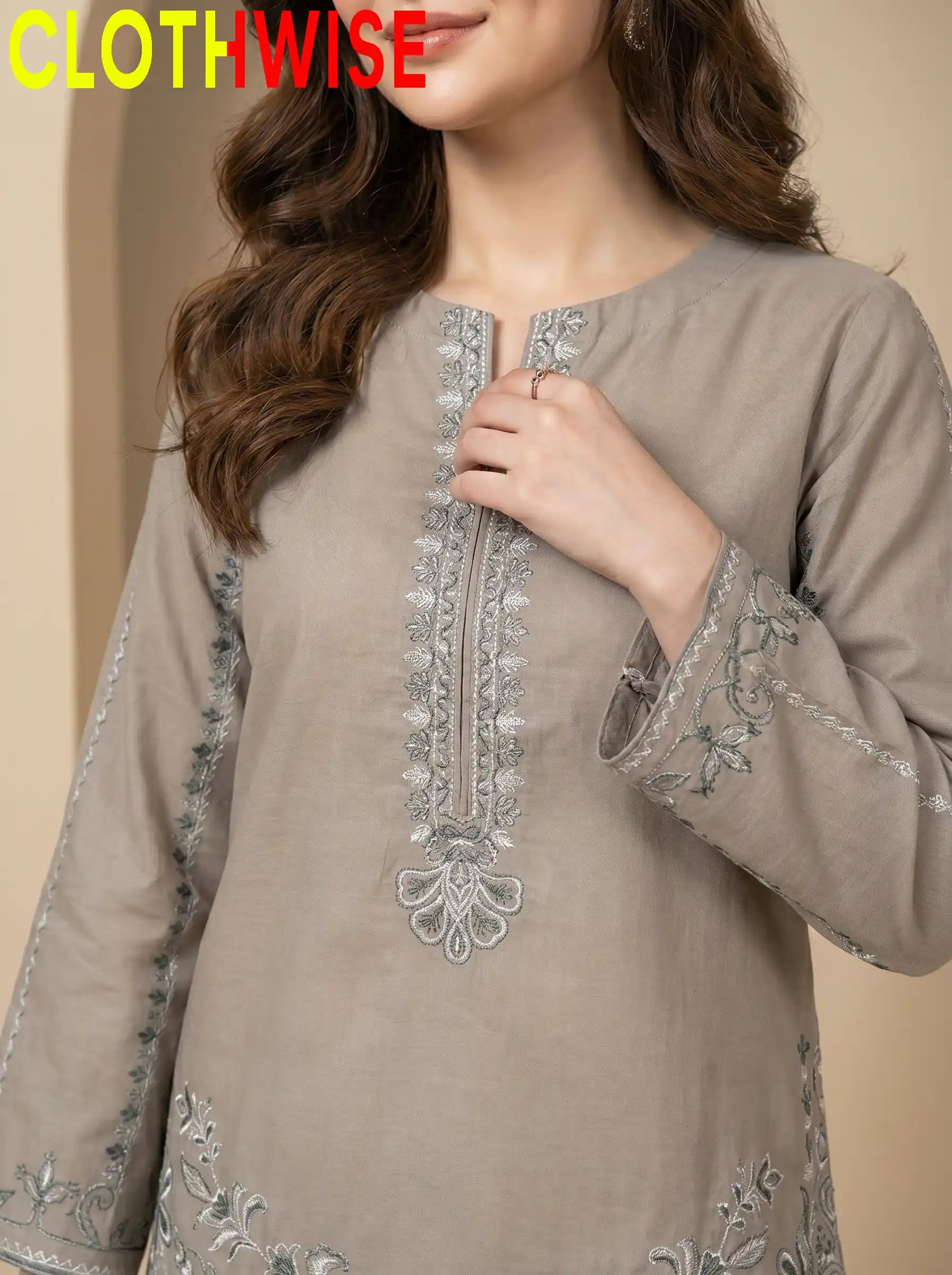 Naqsh Taupe Cotton Suit Closeup Embroidery Detail - Clothwise