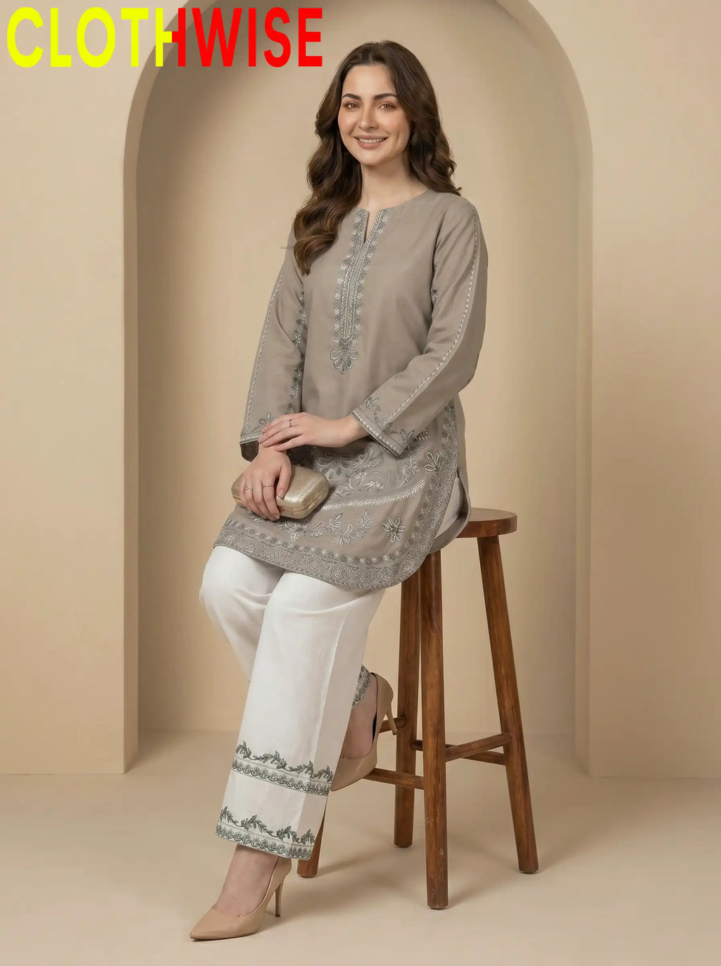 Naqsh – Taupe 2-Piece Stitched Cotton Suit | Bottom Flapper - Pakistani Women Pret | CLOTHWISE