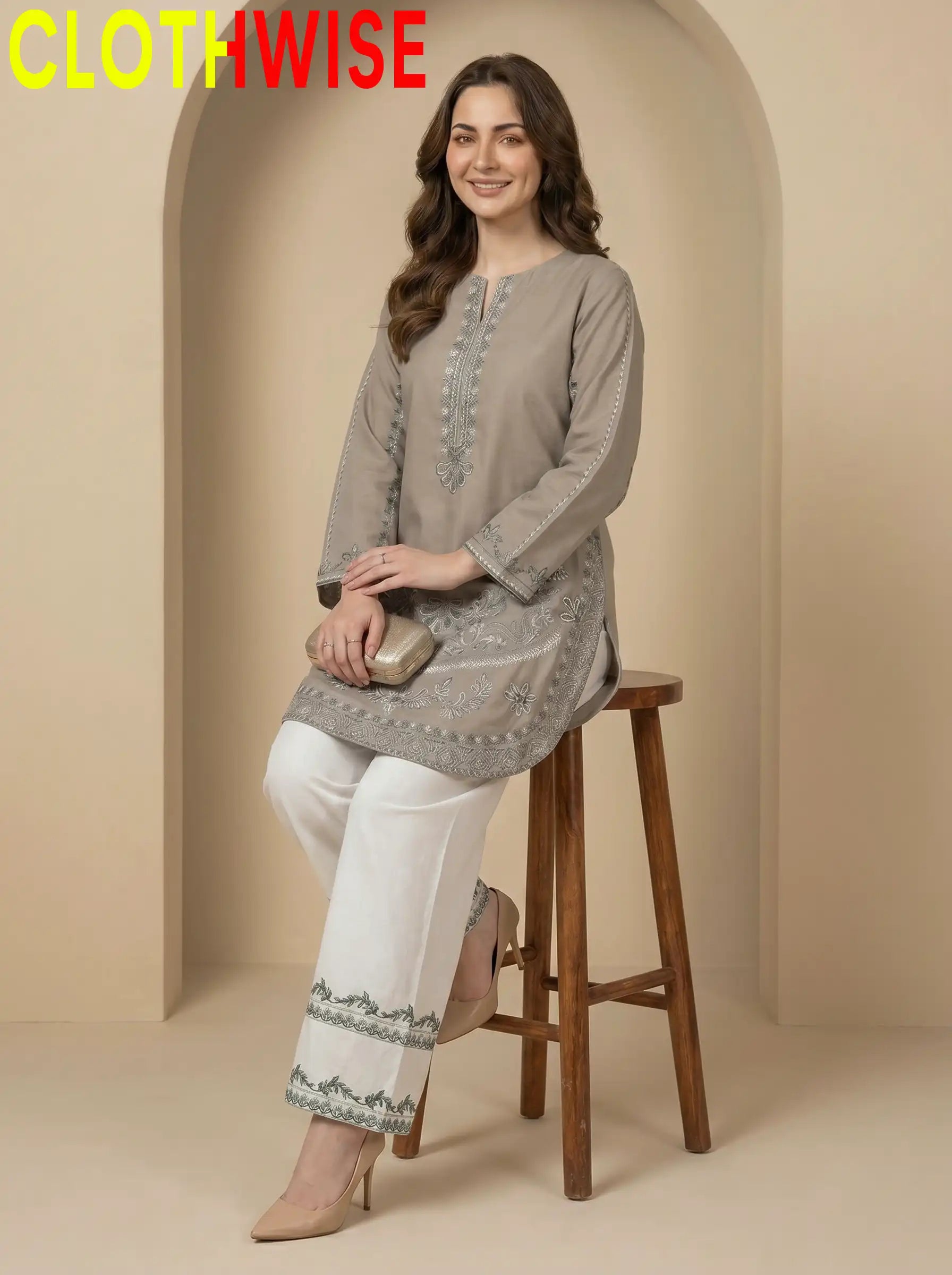 Naqsh Taupe 2-Piece Stitched Cotton Suit Sitting Pose - Clothwise