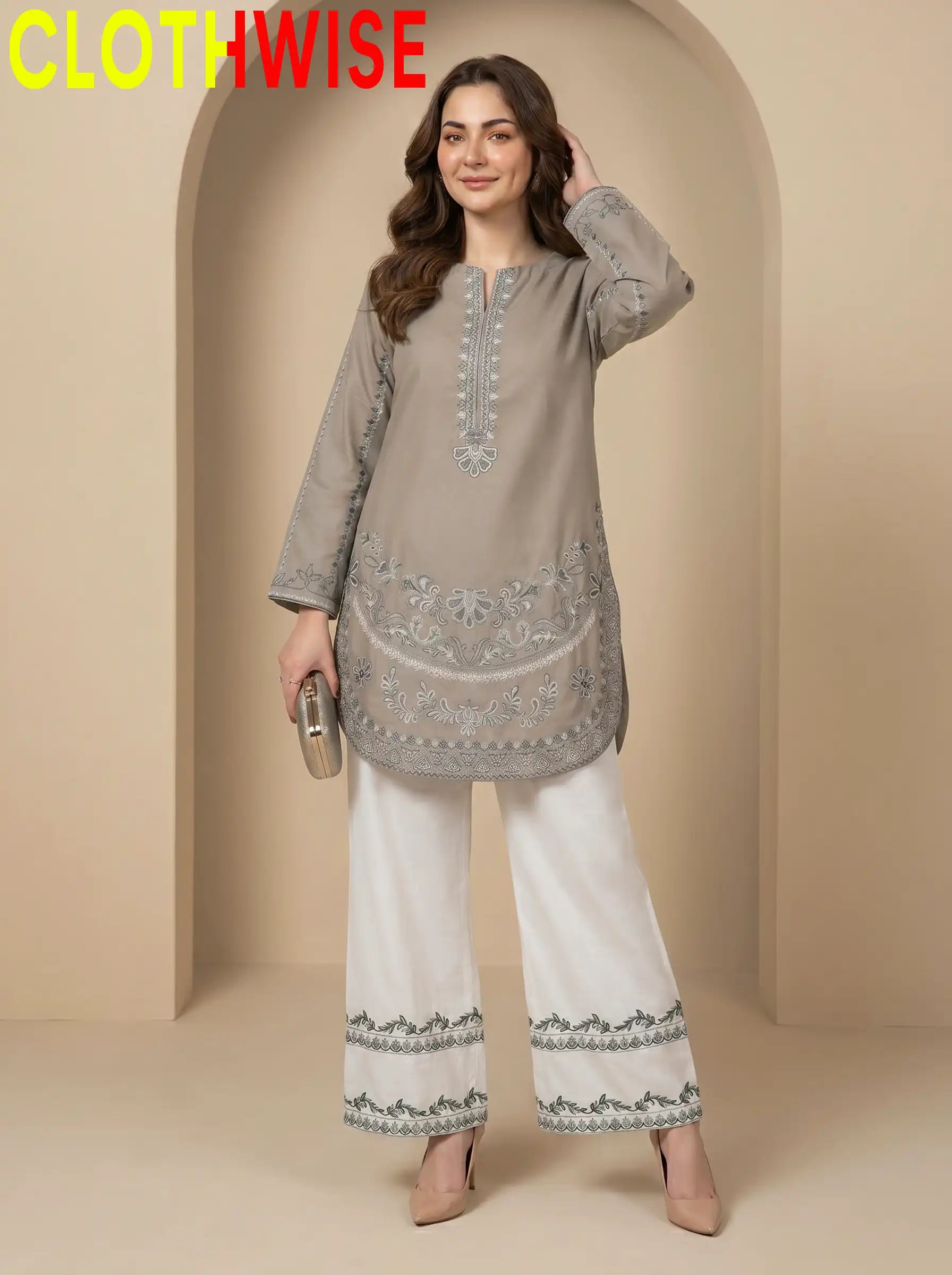 Naqsh Taupe Bottom Flapper Cotton Suit Standing - Clothwise
