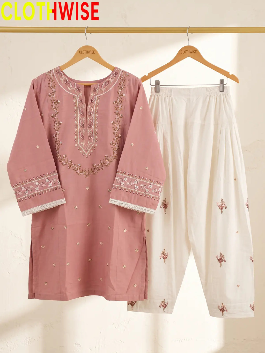Noor Tea Pink Embroidered Cotton Suit - Hanger View