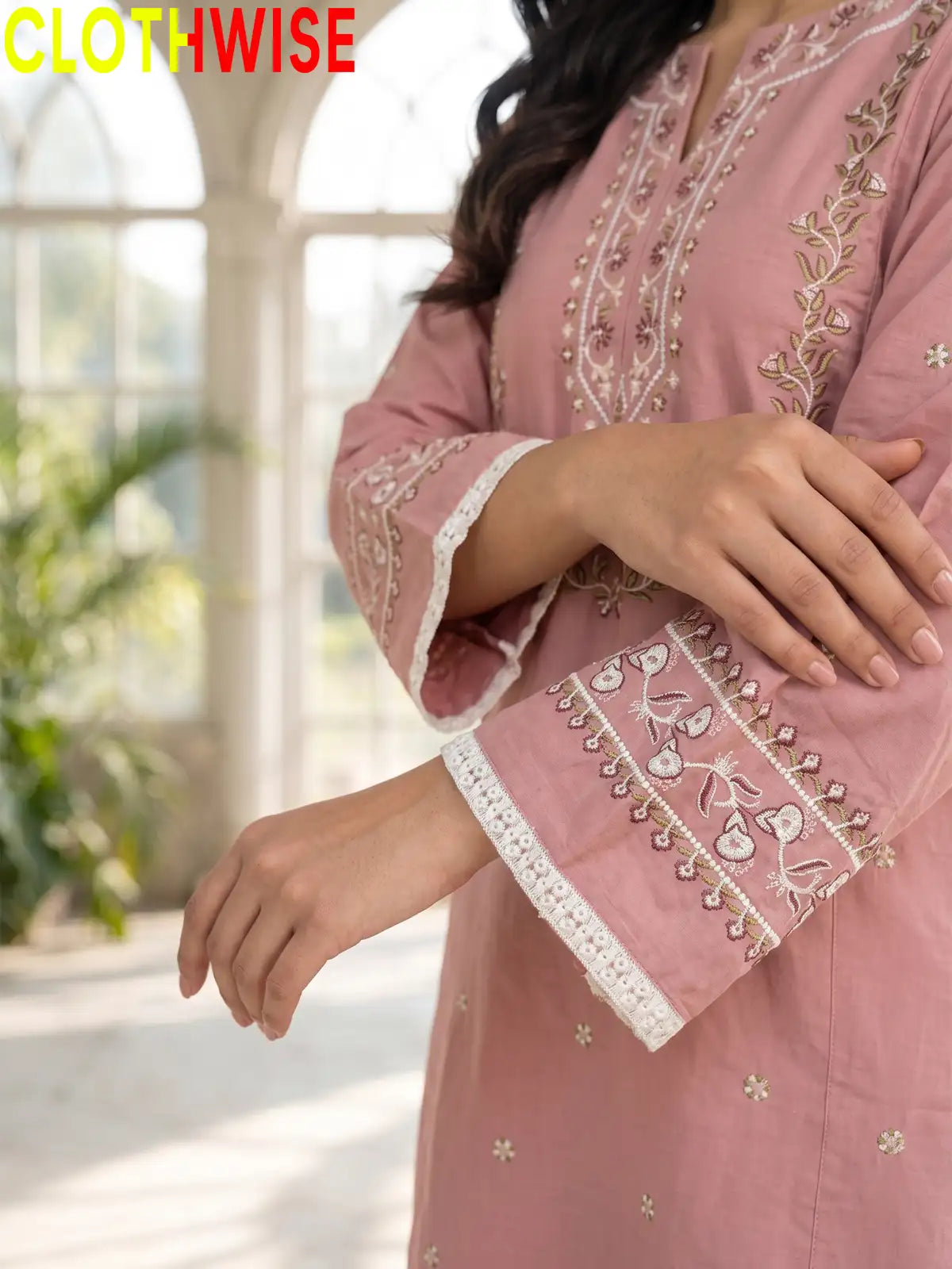 Noor Tea Pink Embroidered Cotton Suit - Sleeves Closeup