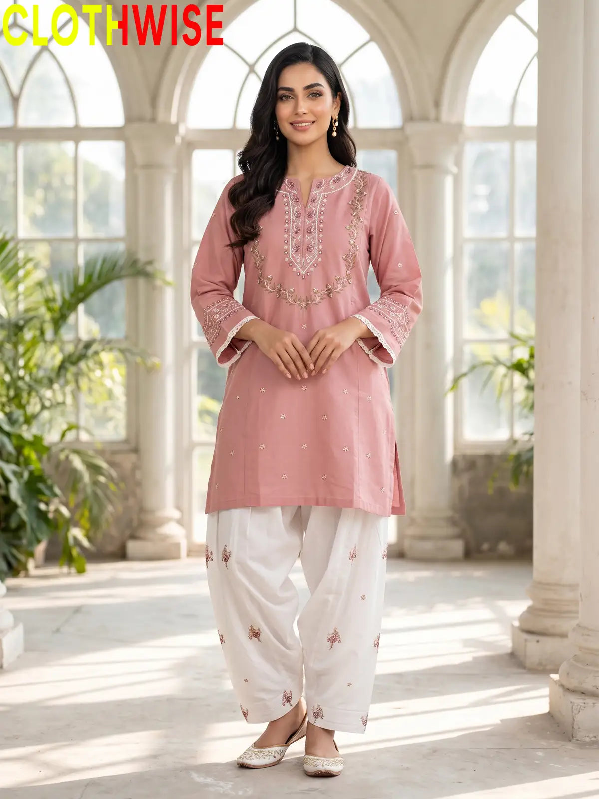 Noor Tea Pink Embroidered Cotton Suit - Standing View