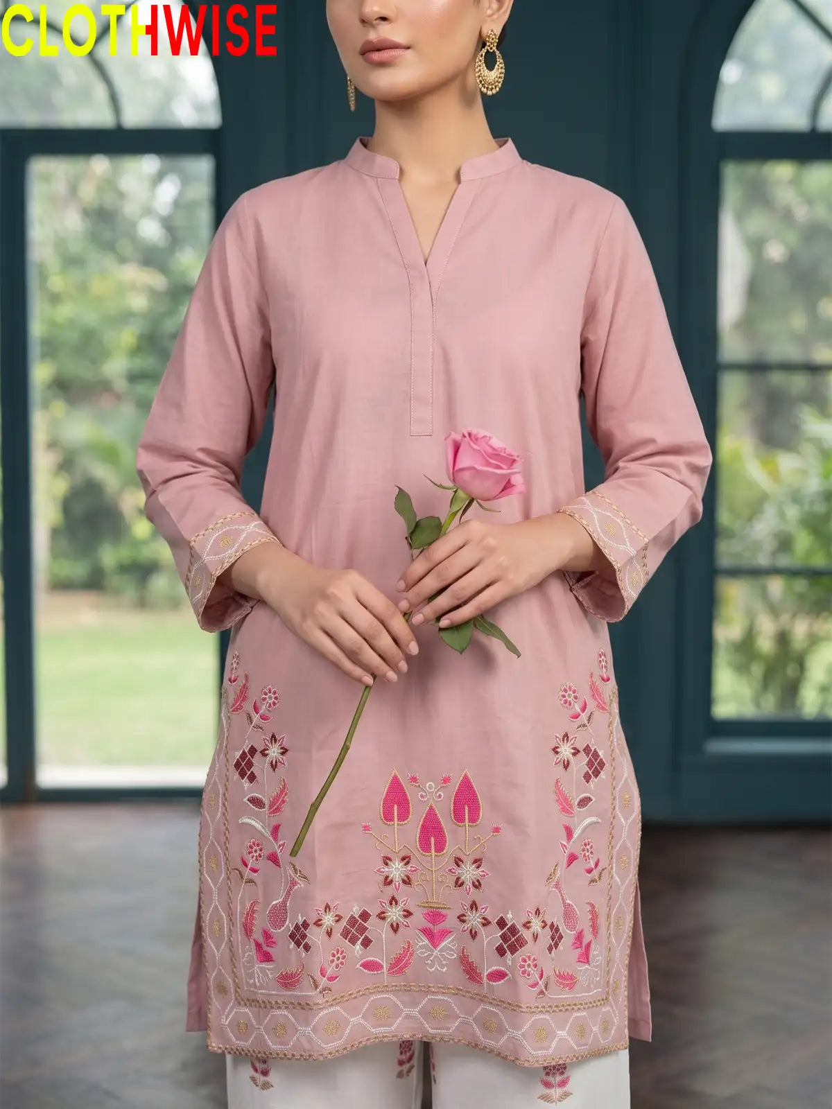 Shajar Tea Pink embroidered cotton suit embroidery close-up