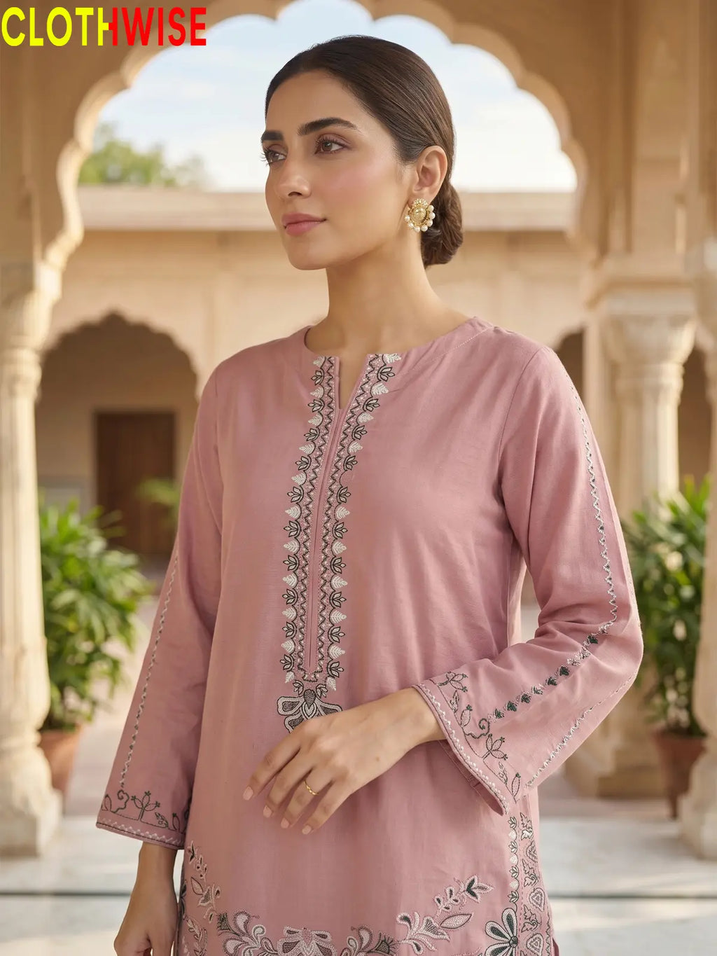 Naqsh Tea Pink embroidered 2-piece cotton suit - close up embroidery detail