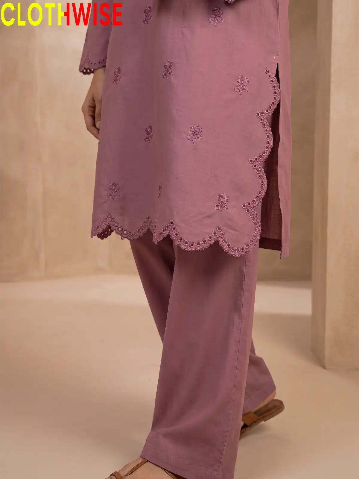 Mehr Tea Pink embroidered 2-piece cotton suit - daman closeup