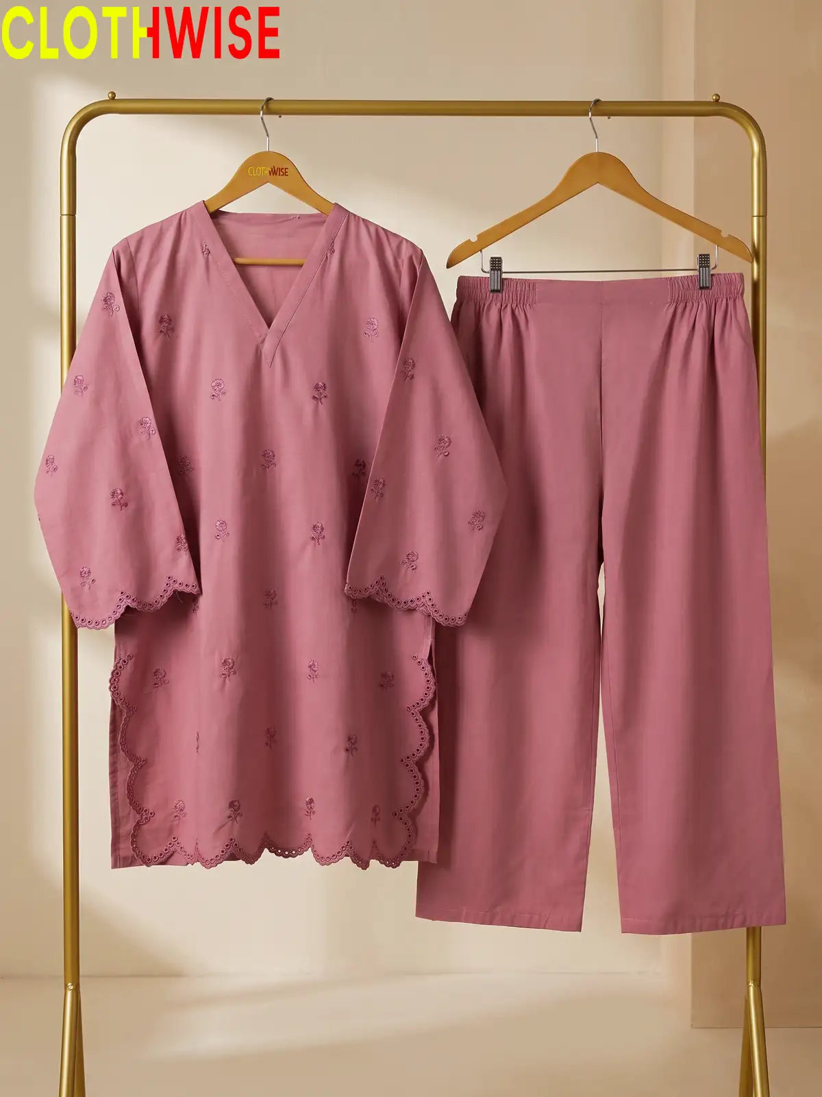 Mehr Tea Pink embroidered 2-piece cotton suit - hanger view