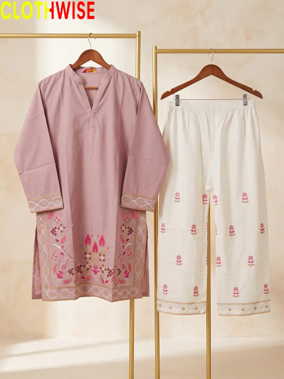 Shajar Tea Pink embroidered 2-piece cotton suit on hanger