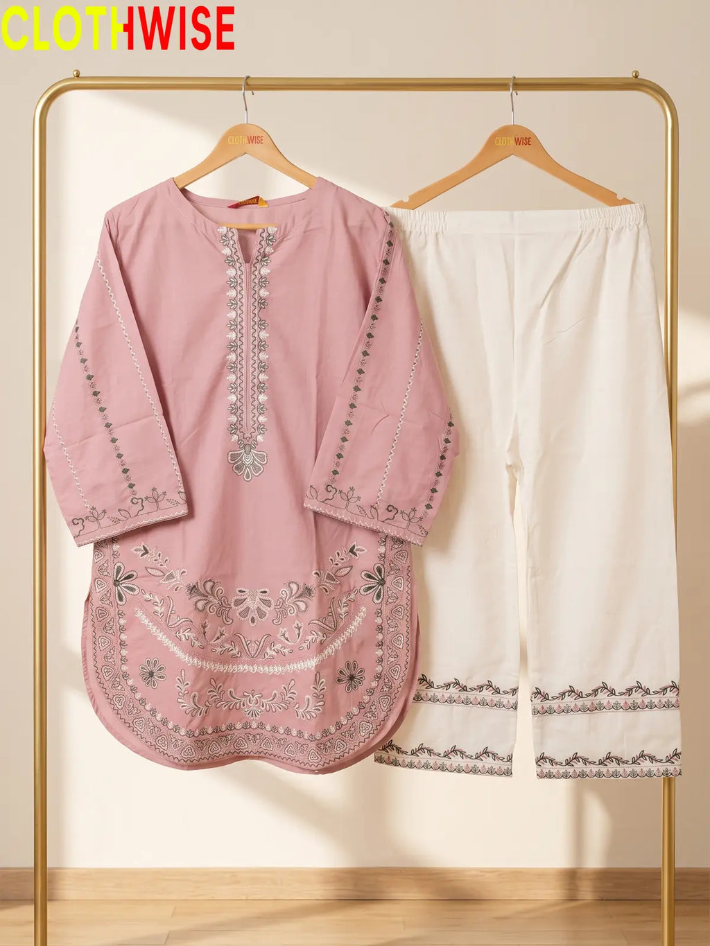 Naqsh Tea Pink embroidered 2-piece cotton suit - on hanger