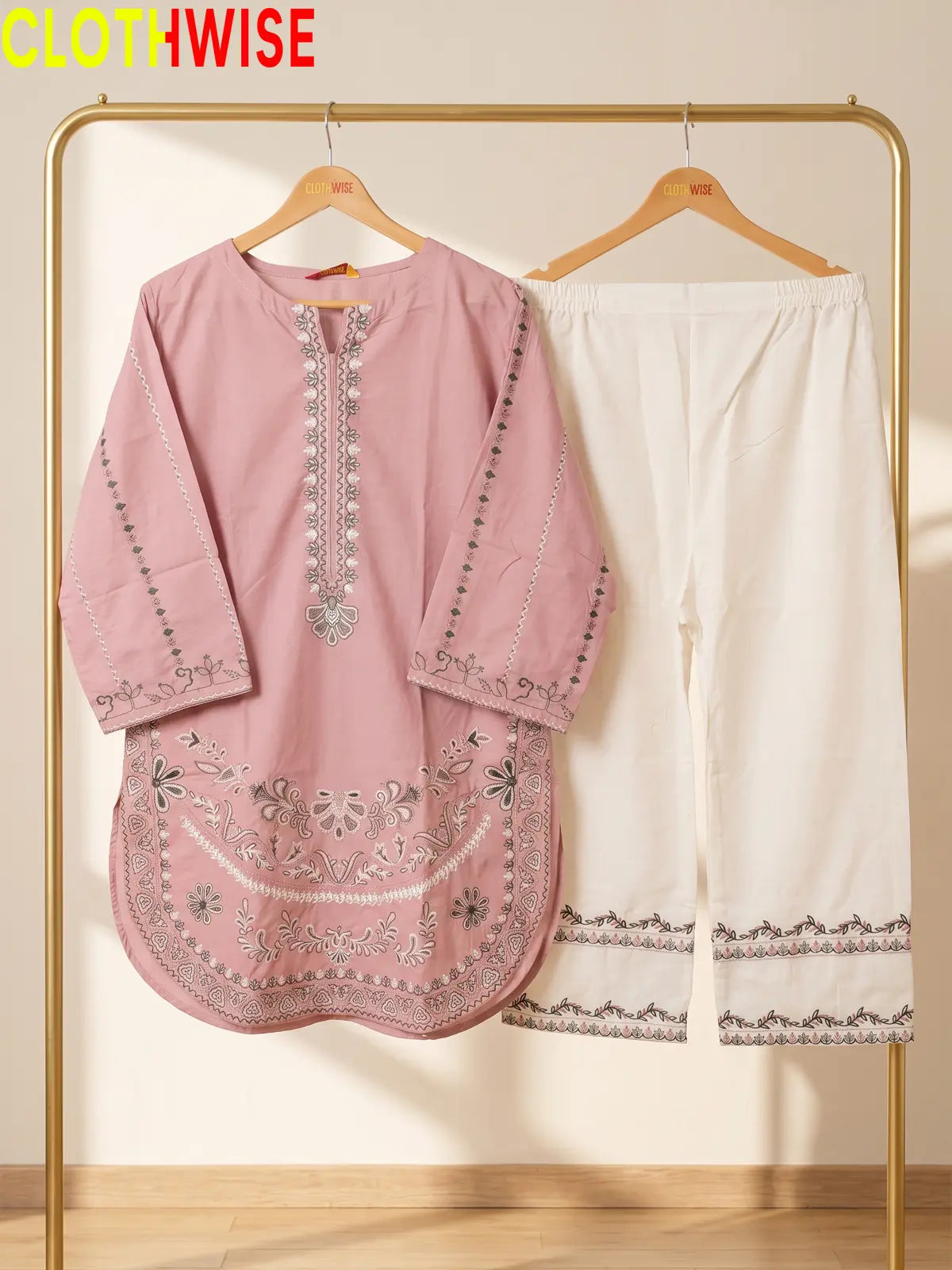 Naqsh Tea Pink embroidered 2-piece cotton suit - on hanger
