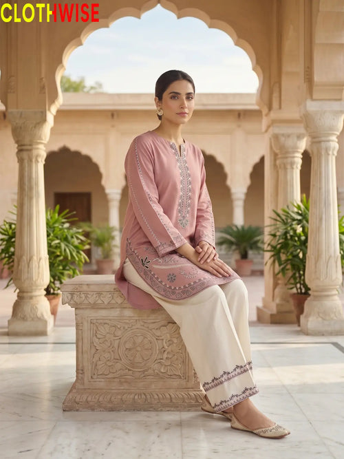 Naqsh Tea Pink embroidered 2-piece cotton suit - sitting view