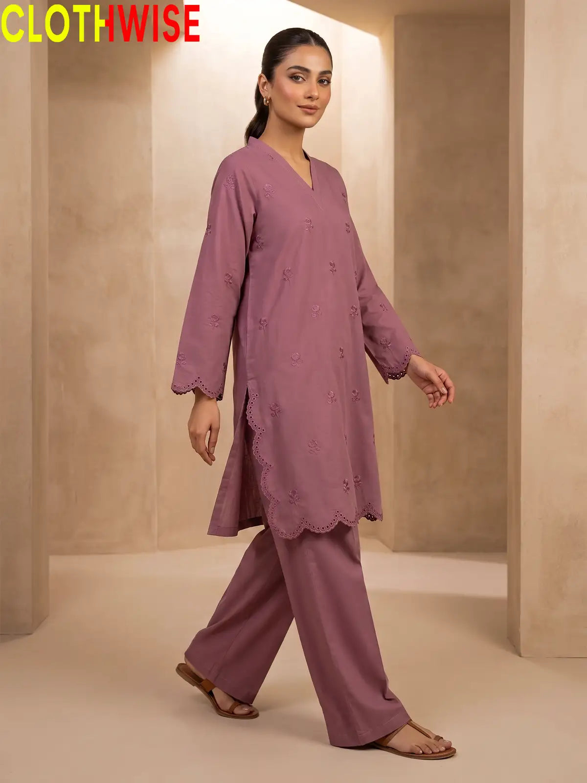 Mehr Tea Pink embroidered 2-piece cotton suit - standing view