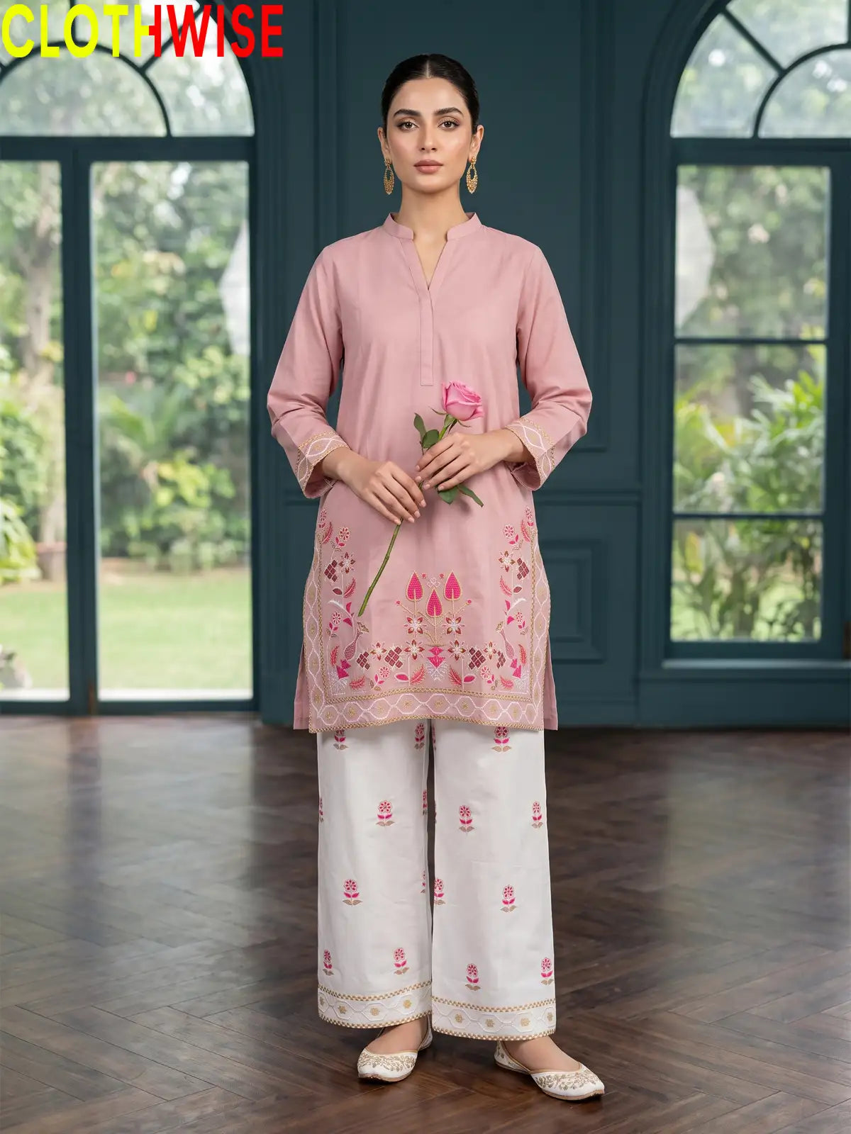 Shajar Tea Pink embroidered cotton suit front standing view