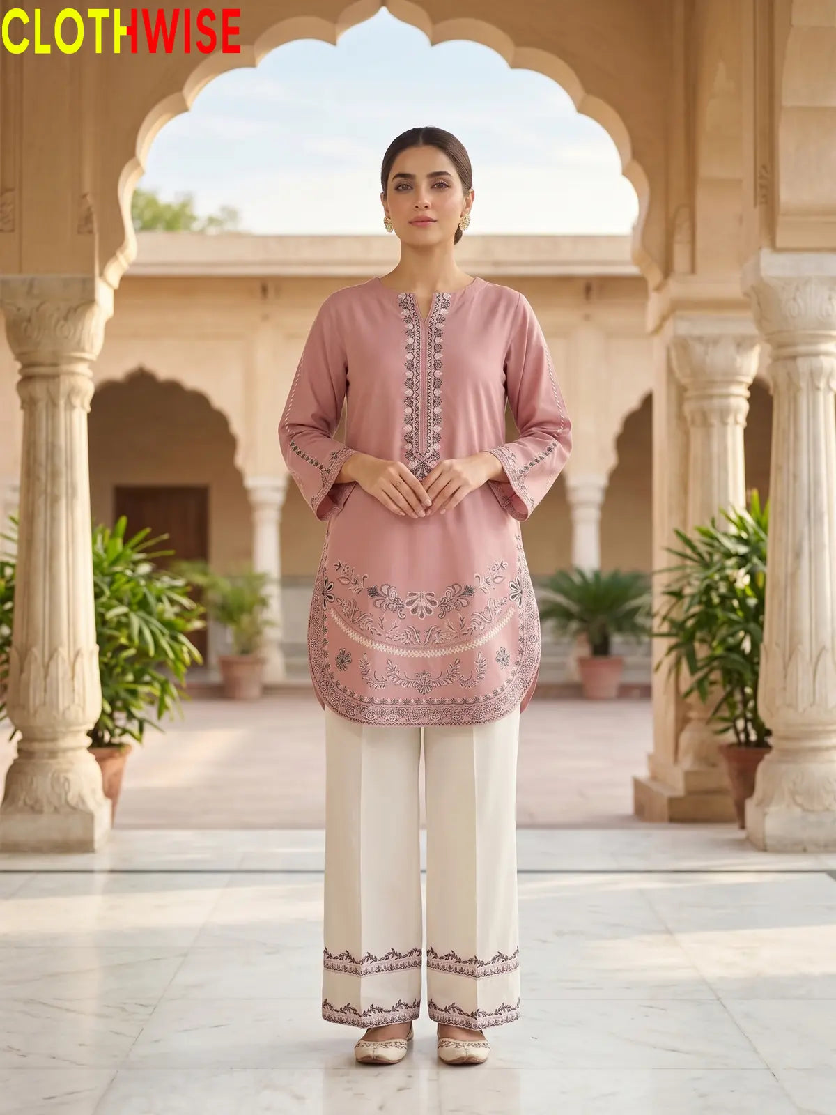 Naqsh Tea Pink embroidered 2-piece cotton suit - standing view
