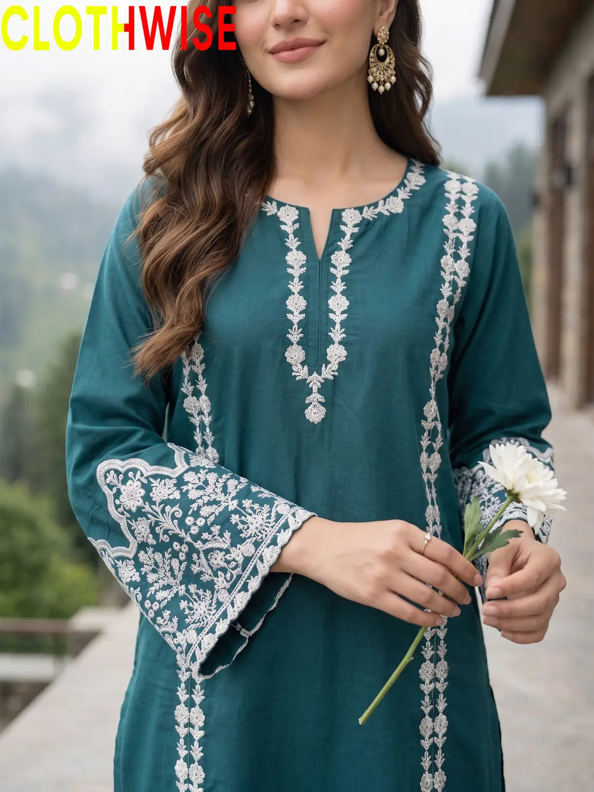 Aina Teal embroidered 2-piece cotton stitched suit with flapper trousers by CLOTHWISE