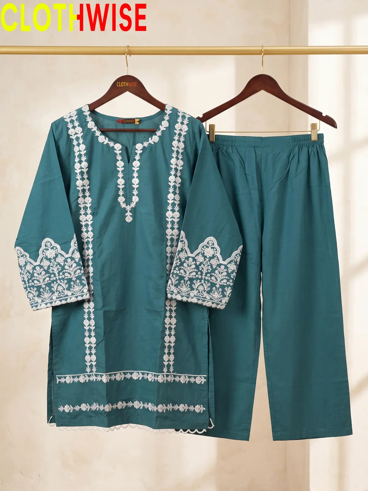 Aina Teal embroidered 2-piece cotton stitched suit with flapper trousers by CLOTHWISE