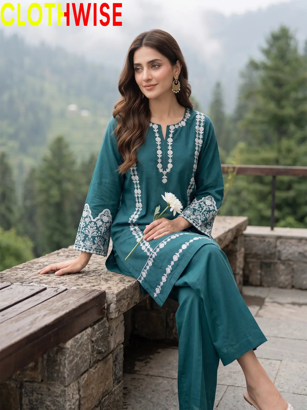 Aina Teal embroidered 2-piece cotton stitched suit with flapper trousers by CLOTHWISE