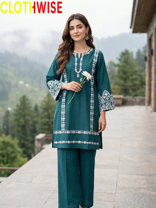 Aina Teal embroidered 2-piece cotton stitched suit with flapper trousers by CLOTHWISE