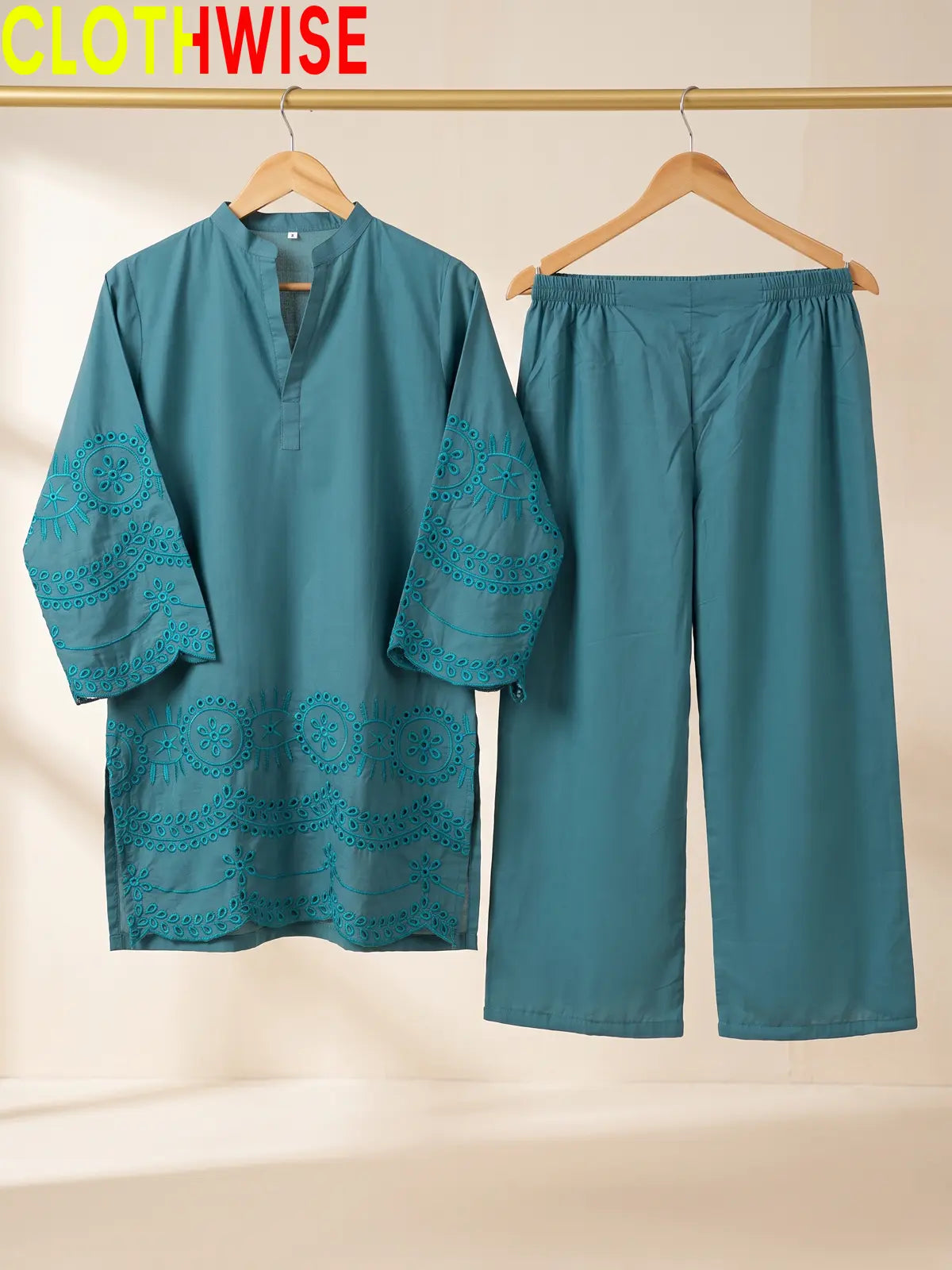 CottonCut Schiffli Embroidered Cotton 2-Piece Suit | Eyelet Kurta with Flapper