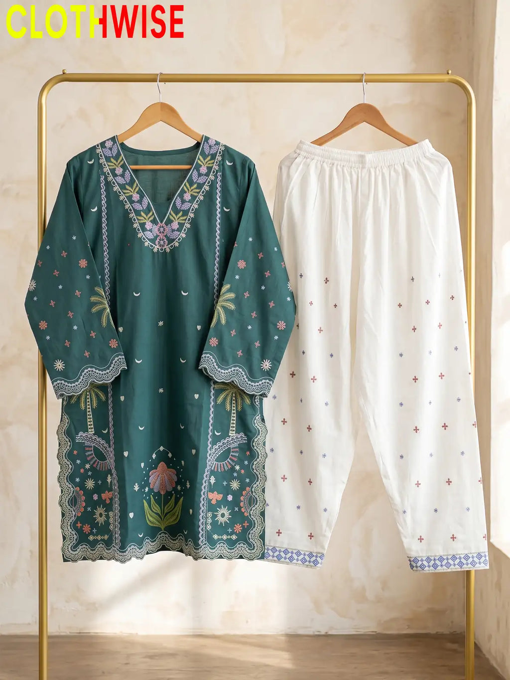 Rukhsar Floral Embroidered V-Neck Kurti with Shalwar | Clothwise
