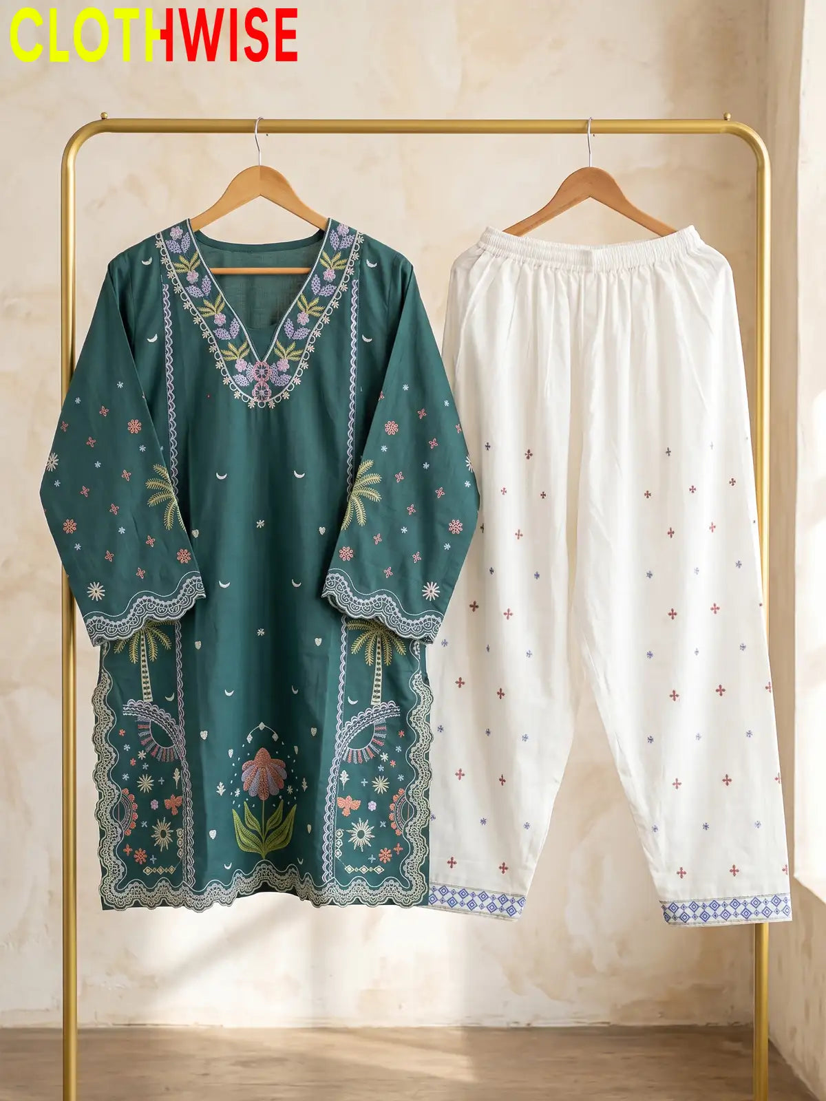 Rukhsar Floral Embroidered V-Neck Kurti with Shalwar | Clothwise