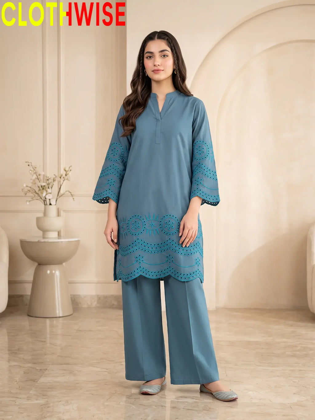 CottonCut Schiffli Embroidered Cotton 2-Piece Suit | Eyelet Kurta with Flapper