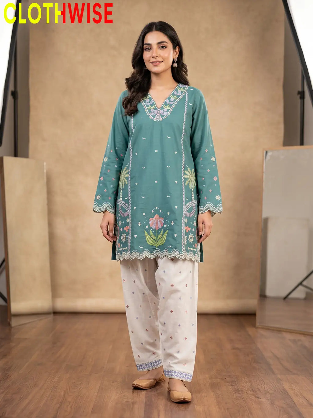 Rukhsar Floral Embroidered V-Neck Kurti with Shalwar | Clothwise