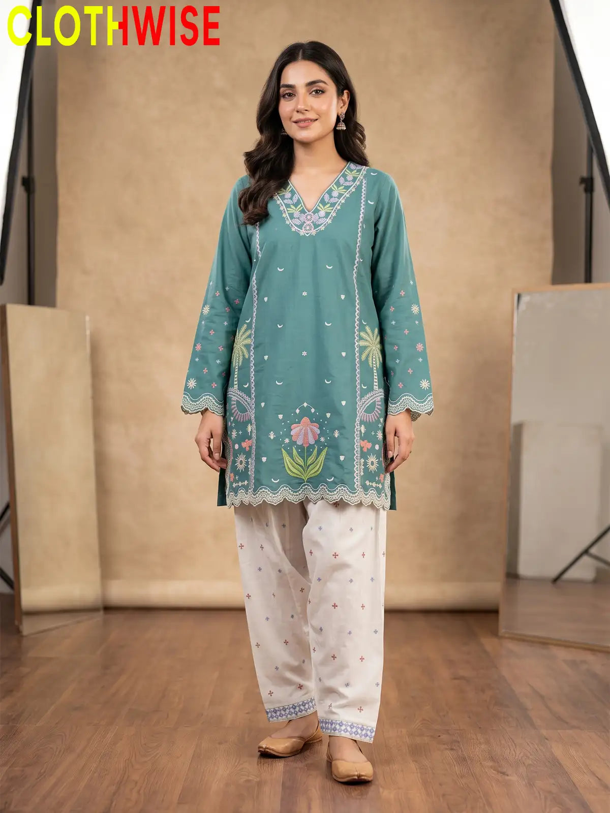 Rukhsar Floral Embroidered V-Neck Kurti with Shalwar | Clothwise