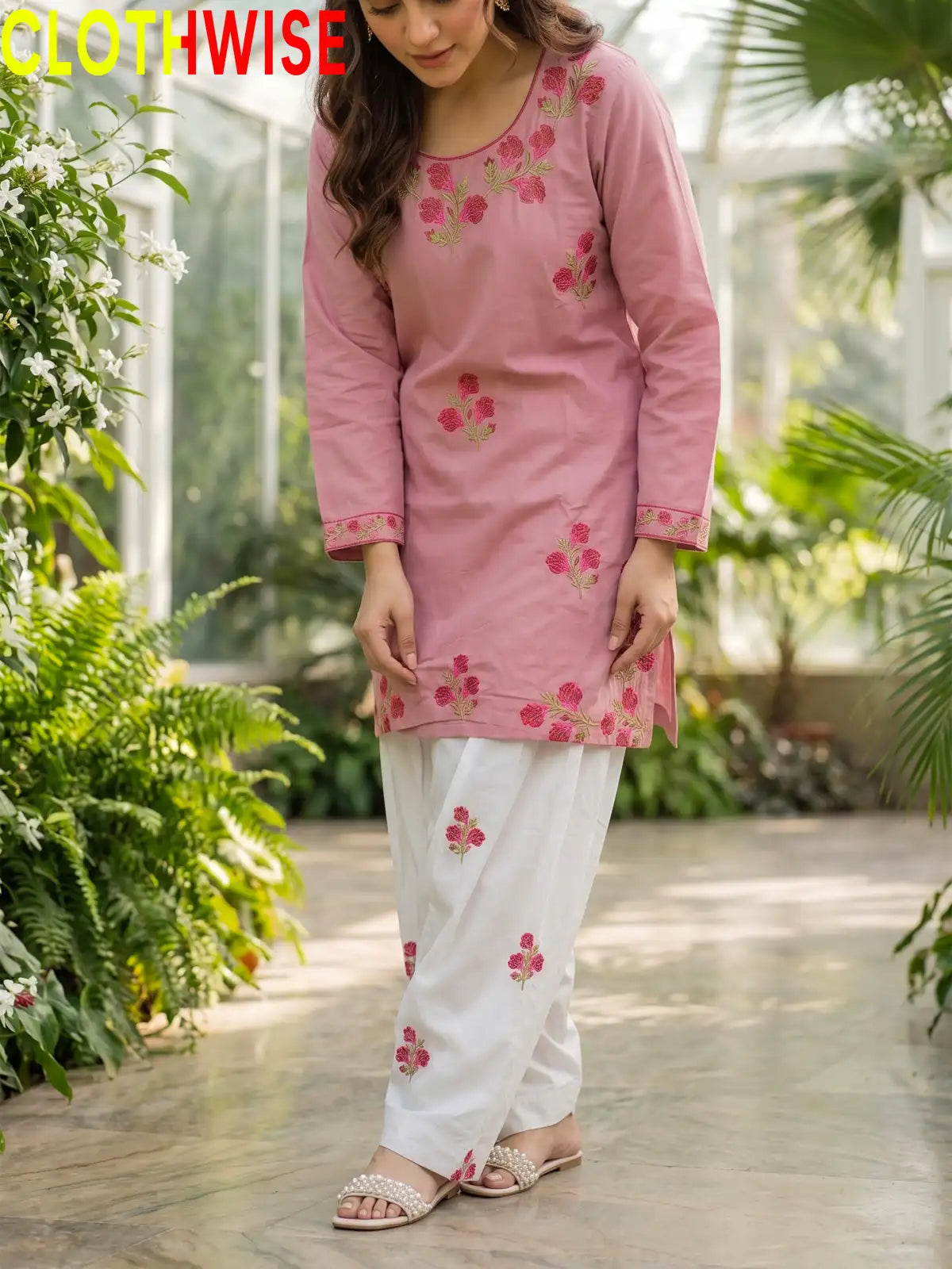 Ghulab Tea Pink Embroidered Cotton 2 Piece Suit for Women