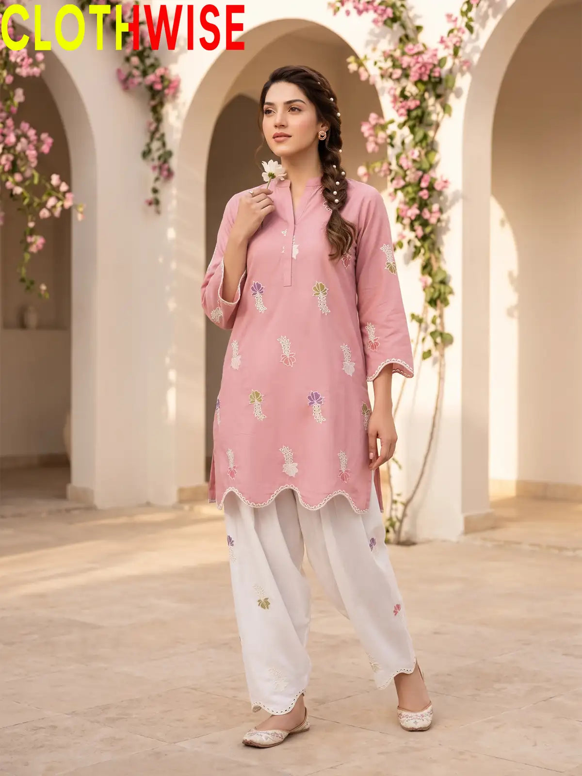 Khushi - Embroidered Cotton Kurti with Scalloped Hem & Shalwar
