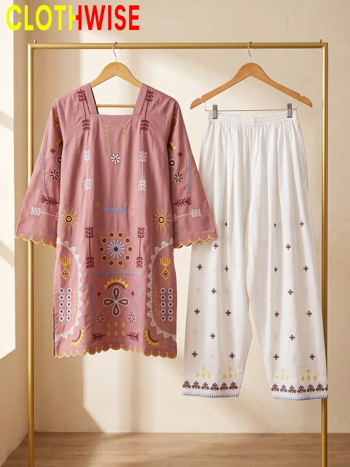 Tehzeeb | Embroidered 2-Piece Kurta Shalwar Set | Square Neck, Scalloped Hem