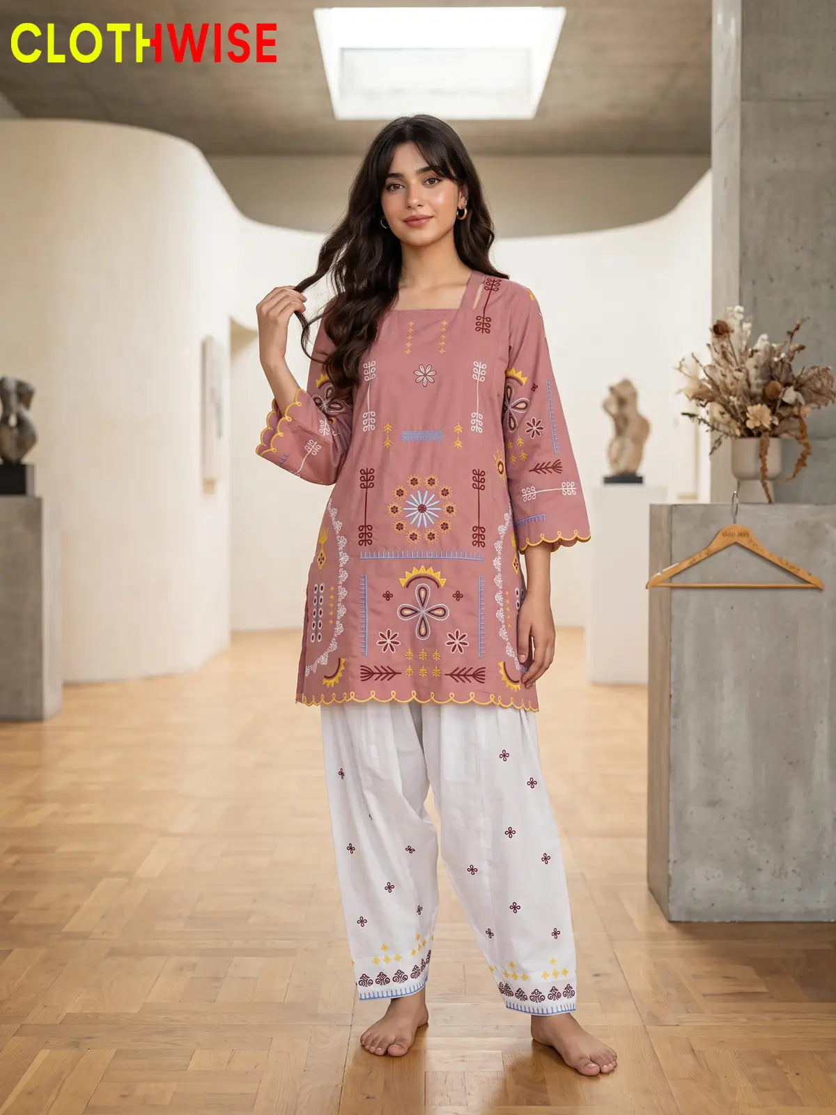 Tehzeeb | Embroidered 2-Piece Kurta Shalwar Set | Square Neck, Scalloped Hem