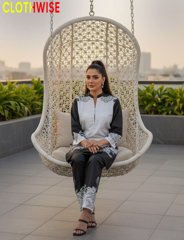 Woman sitting in a hanging chair on a rooftop with 'CLOTHWISE' branding.
