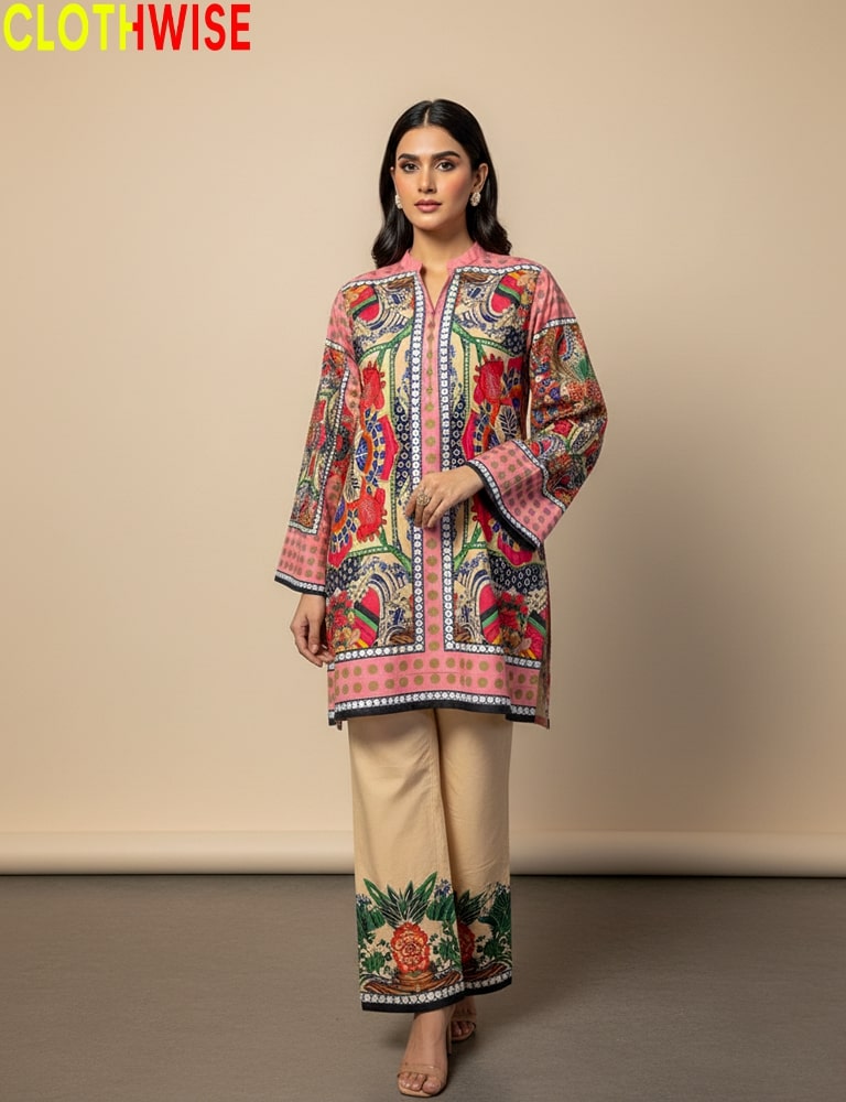 Woman wearing a colorful embroidered outfit with 'ClothWise' branding on a beige background