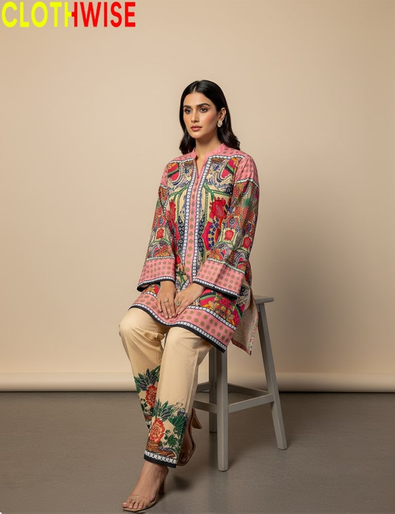 Woman wearing a colorful embroidered outfit sitting on a stool with 'CLOTHWISE' branding.