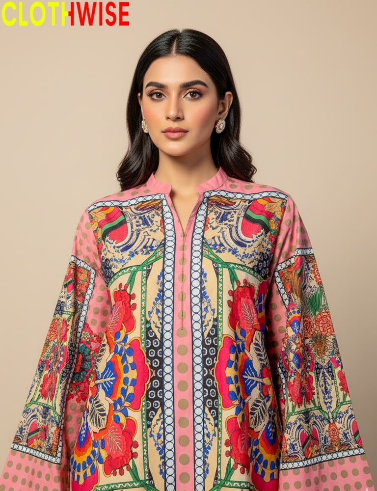 Woman wearing a colorful patterned shirt with 'CLOTHWISE' branding.