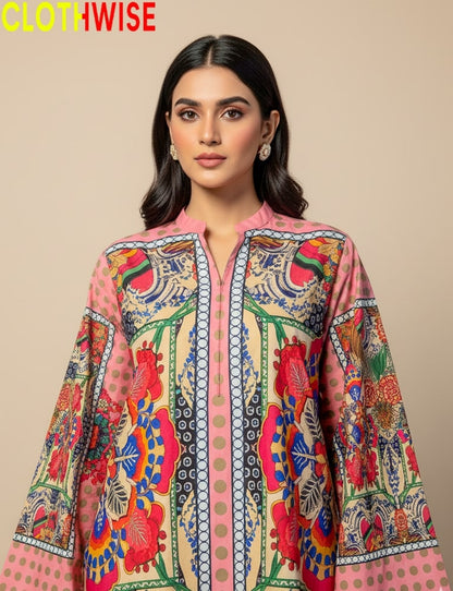 Woman wearing a colorful patterned shirt with 'CLOTHWISE' branding.