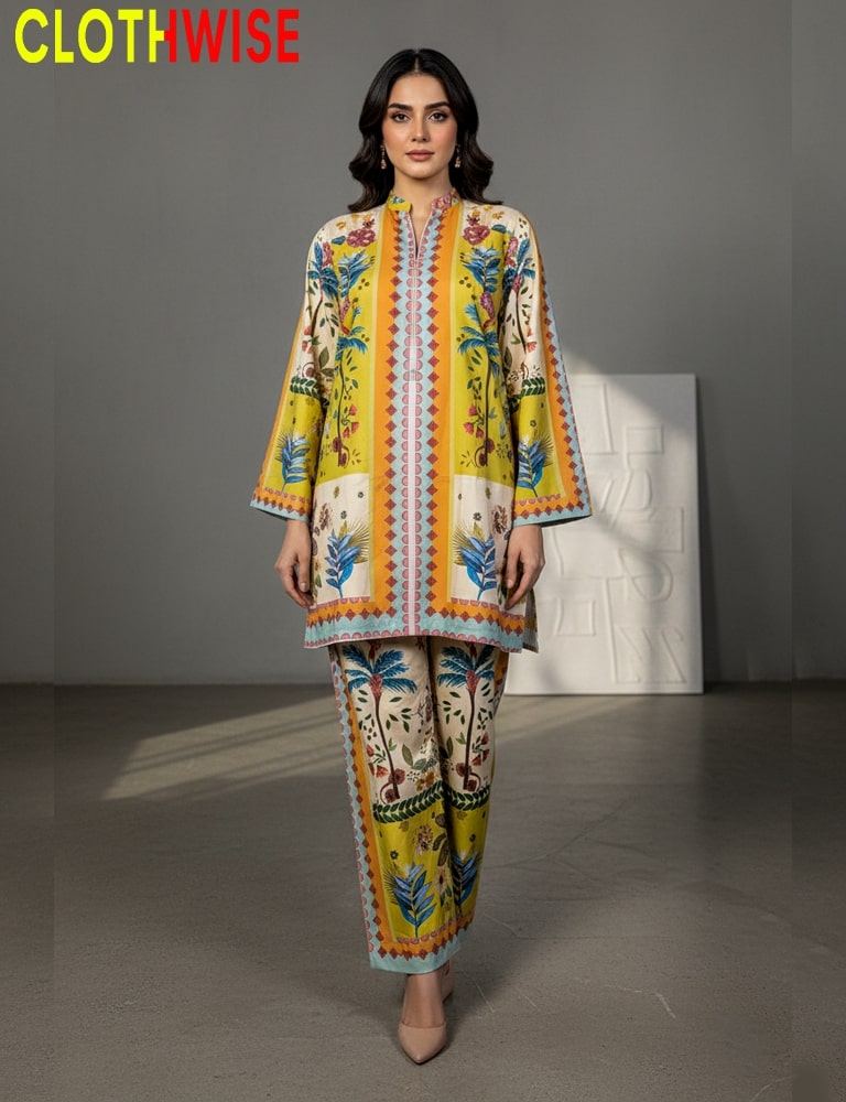 Woman wearing a colorful outfit with 'Clothwise' branding in the background.