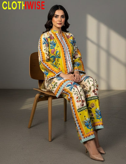 Woman sitting on a chair wearing a colorful outfit with 'CLOTHWISE' branding.