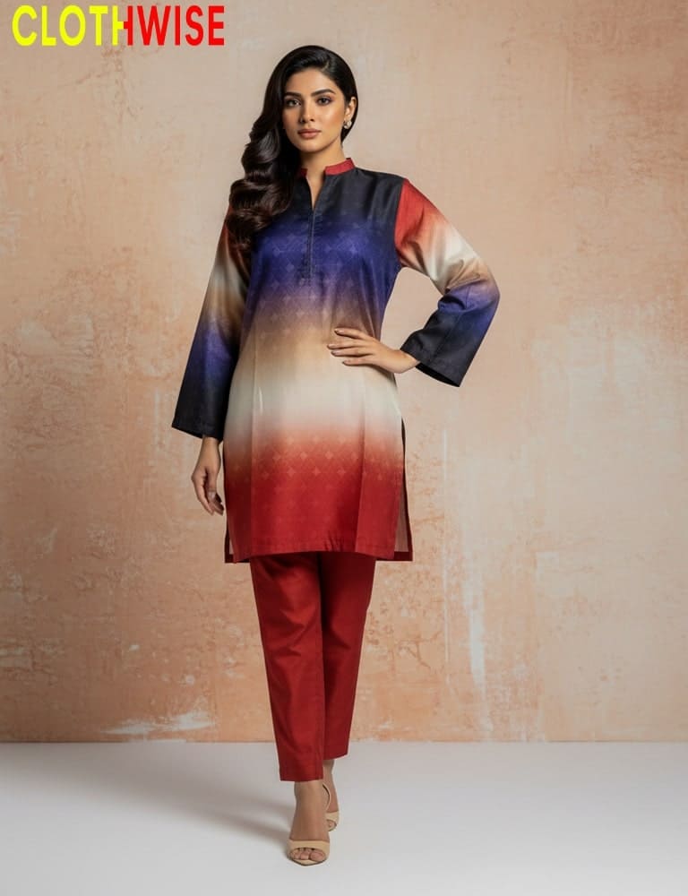 Woman wearing a gradient dress with 'ClothWise' branding on a beige background