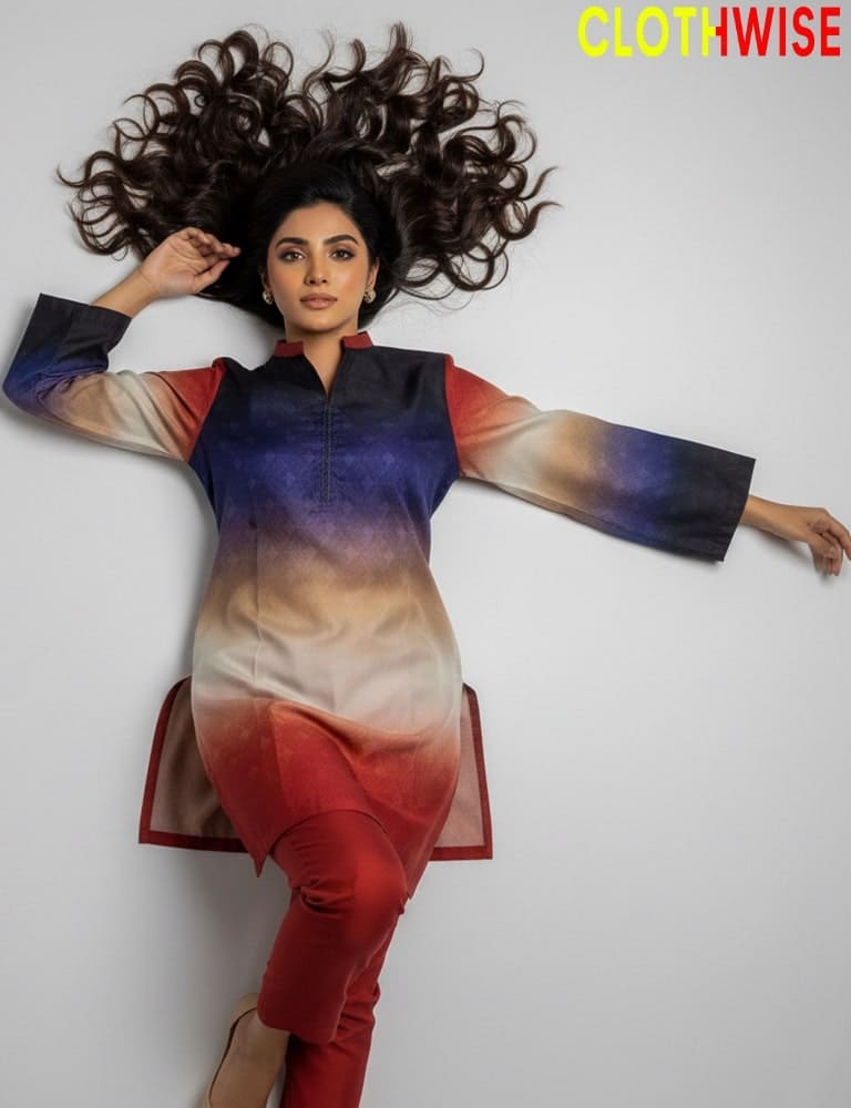 Woman wearing a colorful outfit with a gradient design, lying on a white background. 'Clothwise' brand visible.