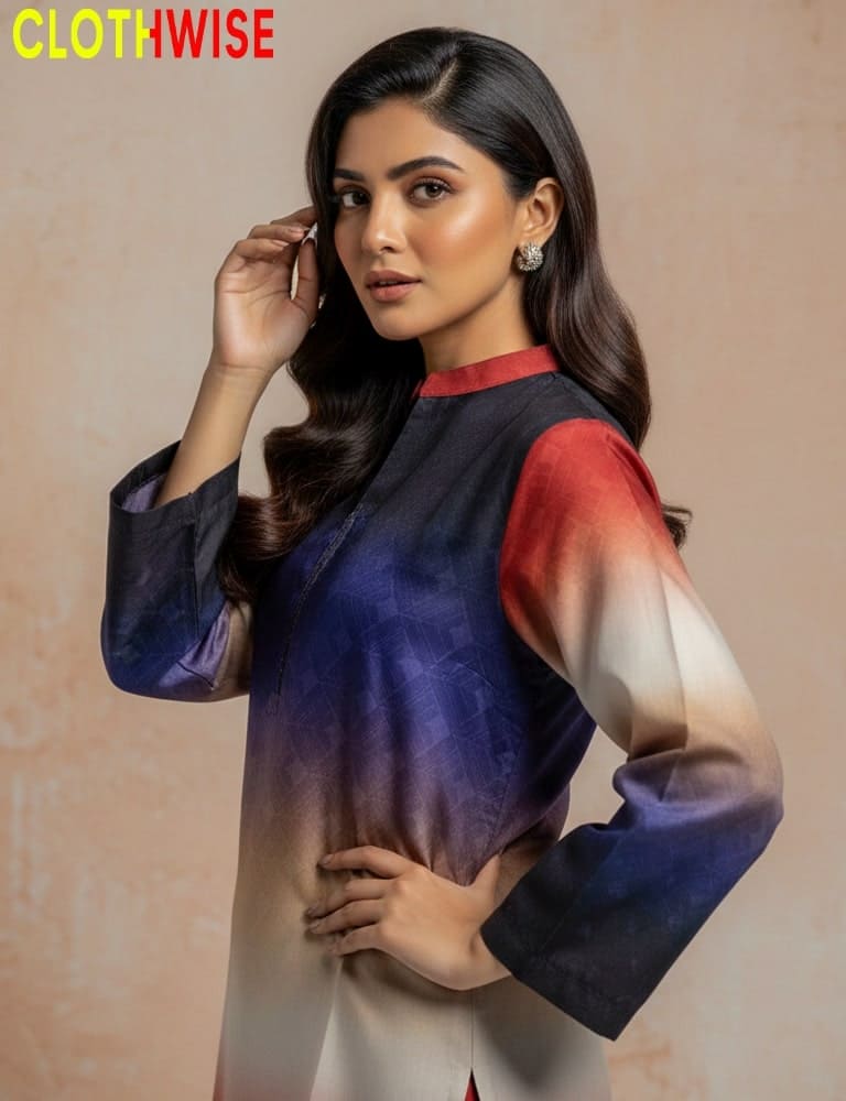 Woman wearing a gradient dress with 'Clothwise' branding