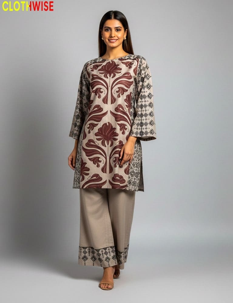 Woman wearing a patterned kurta with beige pants on a gray background, with 'Clothewise' branding.