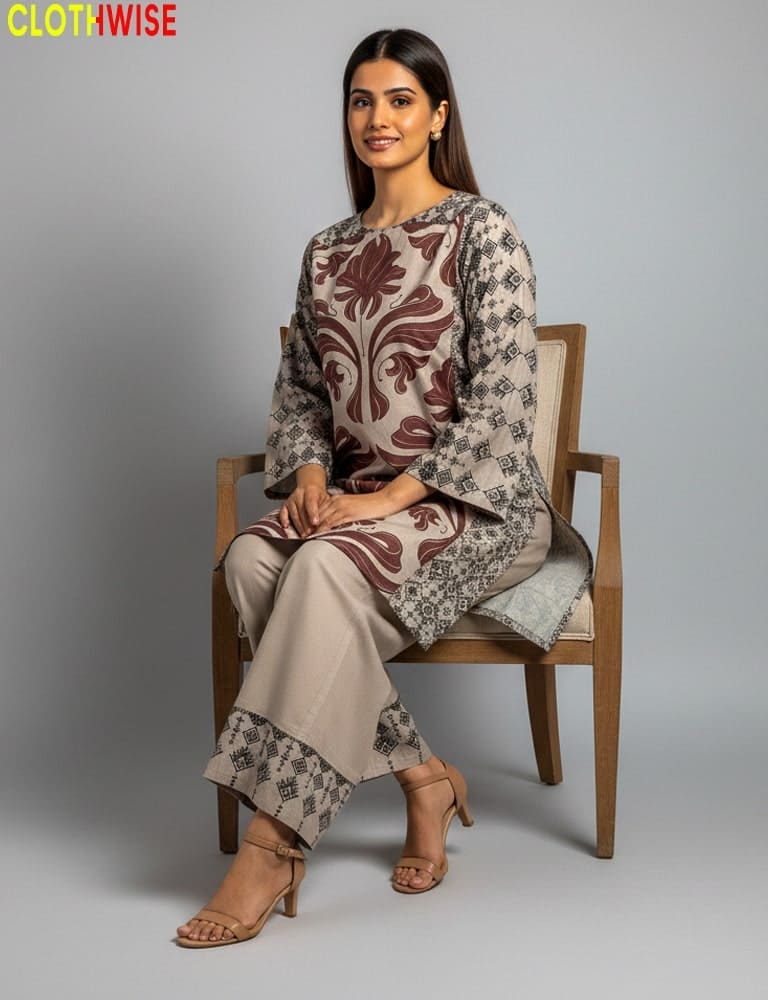 Woman sitting on a chair wearing a patterned kurta with 'Clothewise' branding.