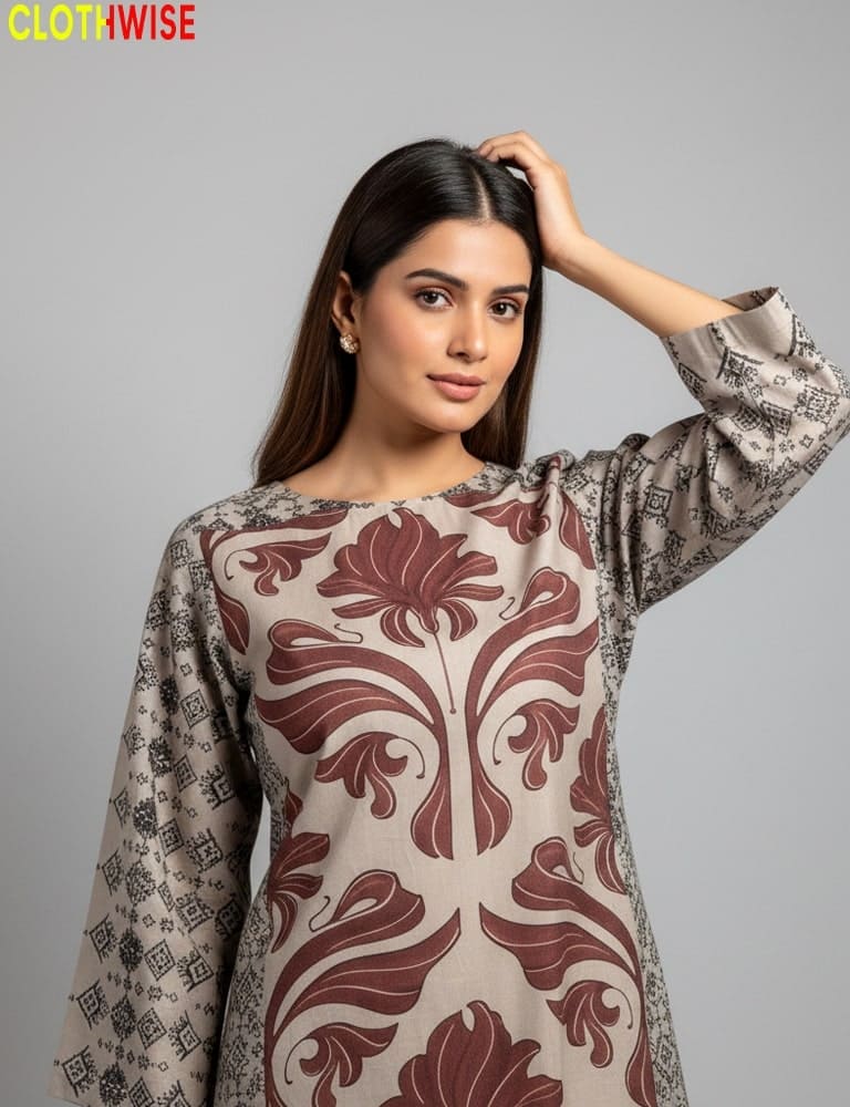 Woman wearing a patterned outfit with 'Clothewise' branding on a gray background