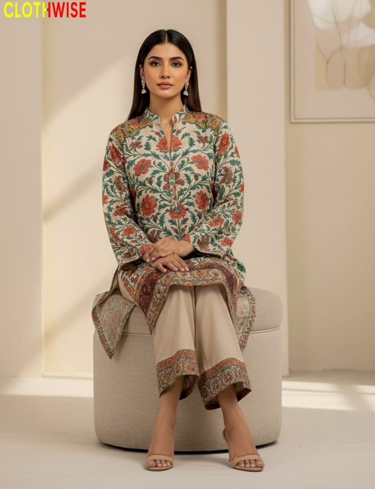 Woman wearing a floral traditional outfit sitting on a white chair with 'Clothewise' branding.